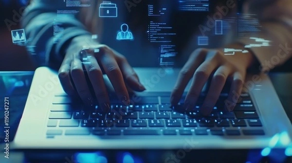 Fototapeta Cybersecurity expert working late, data streams flow around her hands while she types on her laptop.