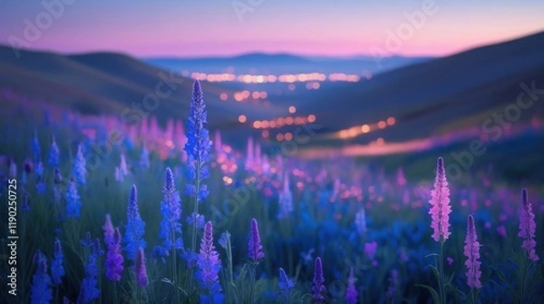 Fototapeta "A serene valley at twilight, filled with vibrant wildflowers in shades of blue, purple, and pink. The foreground showcases tall, detailed blooms, while the background fades into layers...