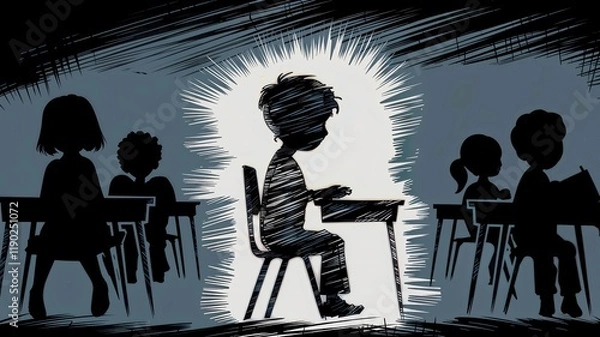 Obraz Silhouette Of A Child In Classroom Facing The Wrong Way. ADHD Metaphor with Boy Silhouette in Classroom, Classroom Scene with Boy Silhouette Reflecting ADHD, Silhouette of Child with ADHD in School
