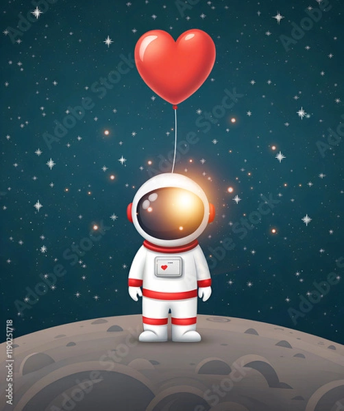 Fototapeta Illustration background of an astronaut holding a red heart balloon. Digital abstract and Valentine's Day inspired elements.