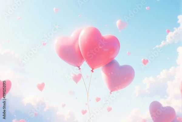 Fototapeta Heart-shaped balloons floating on a soft sky-blue background with clouds.