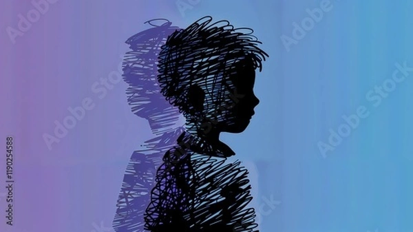 Fototapeta  Visual Metaphor of Autism with Gradient Background, Boy Silhouette on Purple and Blue Gradient, Autism Spectrum Illustration with Shadow