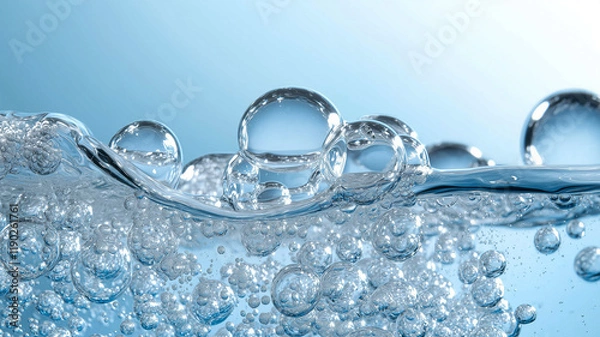 Fototapeta Oxygen bubbles in clear blue water, close-up. Mineral water. Water enriched with oxygen
