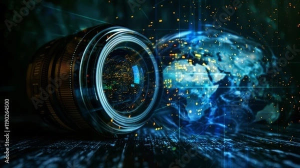 Obraz Camera Lens with Digital Globe and Abstract Data Stream