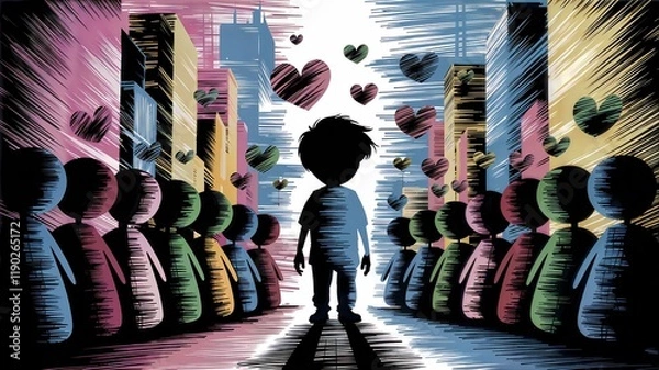 Obraz Social Anxiety Metaphor with Floating Hearts, Boy Alone in Crowd in Colorful Cityscape, Chaotic Urban Scene Reflecting Social Struggles