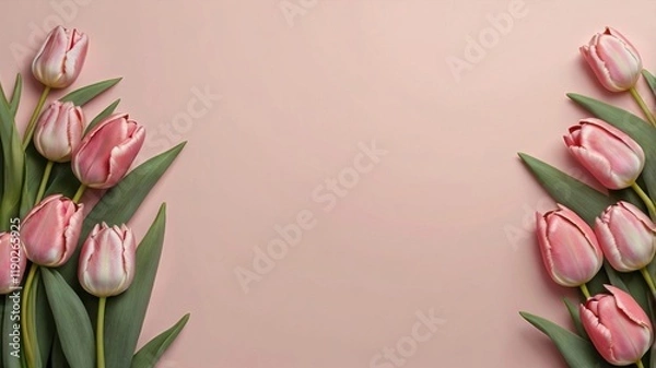 Fototapeta Bouquet of pink tulips on a pink background, top view, space for text.