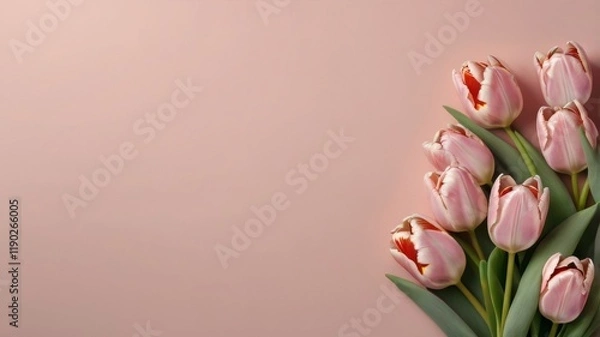 Fototapeta Bouquet of pink tulips on a pink background, top view, space for text.