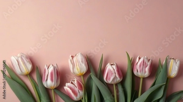 Fototapeta Bouquet of pink tulips on a pink background, top view, space for text.