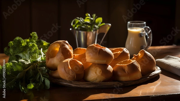 Fototapeta Array of Yorkshire Puddings Garnished with Herbs and Rustic Linen