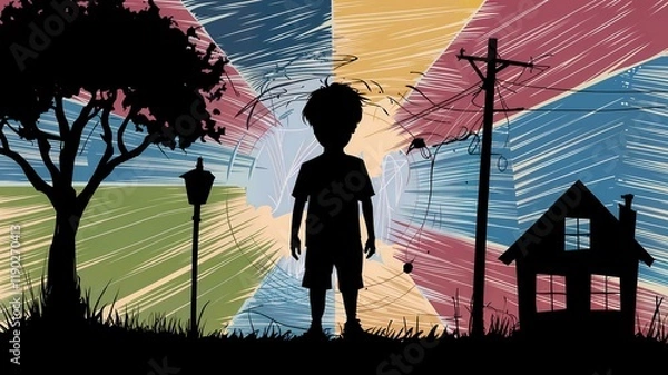 Obraz Boy Silhouette with Supportive Elements in Background, Inner Turmoil Amid Comforting Surroundings, Visual Metaphor of Worry and Support