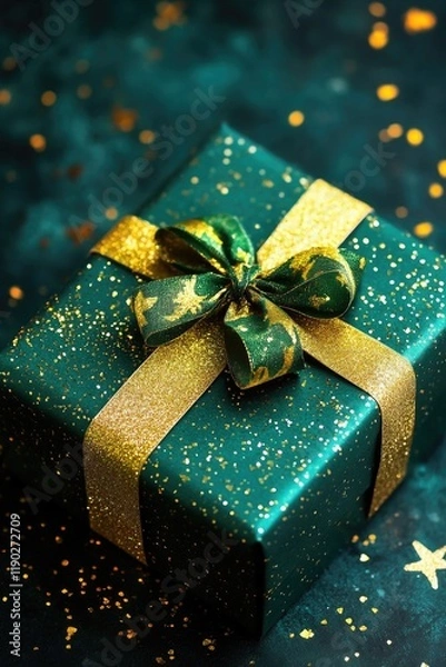 Fototapeta Green Gift Box with Gold Bow