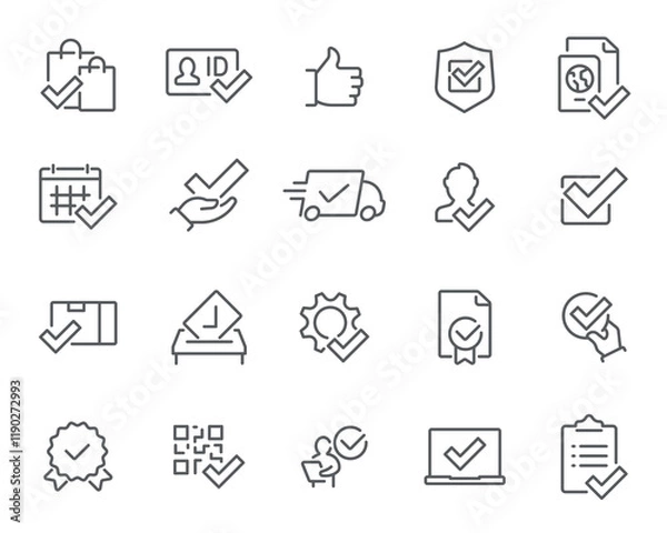 Fototapeta Delivery Essentials Icons. Editable vector icon set- shopping bag, ID, like, calendar, shield, delivery, certificate.