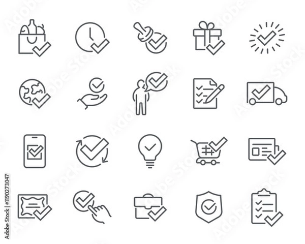 Fototapeta Delivery Success Icons. Editable vector icon set- groceries, clock, stamp, gift, checklist, truck, mobile approval. Perfect for logistics and e-commerce.
