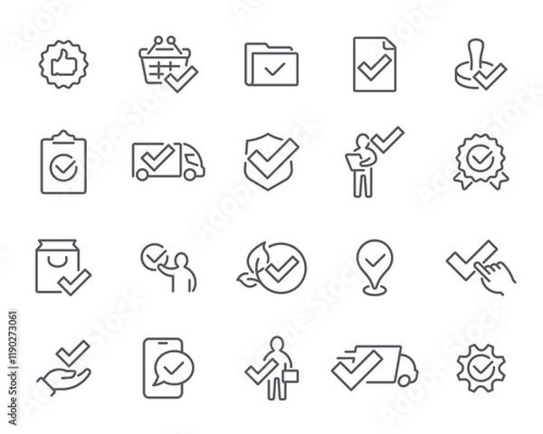 Obraz Verified Ecommerce Workflow. Linear icons- folder check, delivery truck, customer approval, certified quality, secure package, and mobile confirmation. Fully customizable and ready to use.