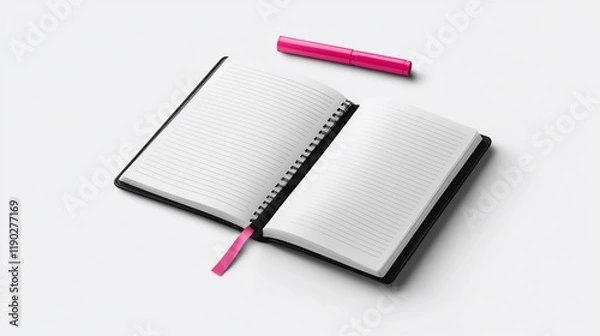 Fototapeta Open notebook with pink marker on white background.