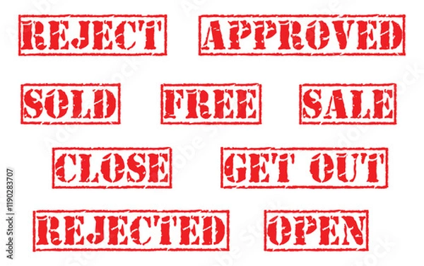 Fototapeta Grunge rubber stamp icon set for element design. Reject, rejected, close, open, approved, sale, sold, free, get out. Vector illustrator saved in EPS 10 and fully editable