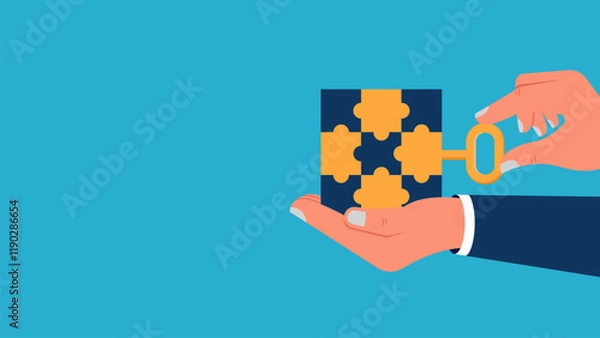 Obraz Illustration of Blue Background of business, success, Entrepreneur, concept of hand Inserting Puzzle with Key as a symbol of Towards Success