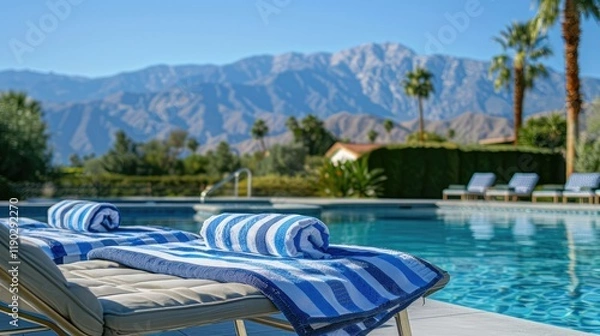 Obraz A bold blue and white striped pool towel is draped over a lounge chair, with a sparkling pool and a breathtaking mountain range in the background