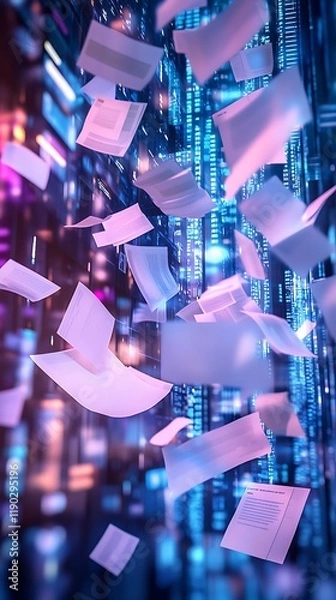 Fototapeta Cyberpunk Data Stream: Sheets of data and documents fly through a futuristic cityscape, illuminated by vibrant neon lights.  A dynamic, abstract representation of digital information flow. 