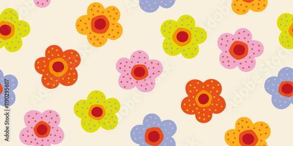 Fototapeta Hand drawn floral seamless pattern with childish style and pastel color. Design for fabric, textile, covers, gift wrap, wallpaper.