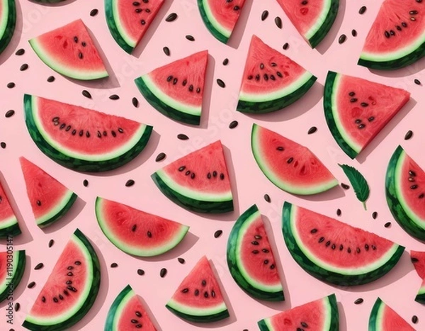 Fototapeta Watermelon Summer Pattern: Pink Background with Fresh Slices and Seeds