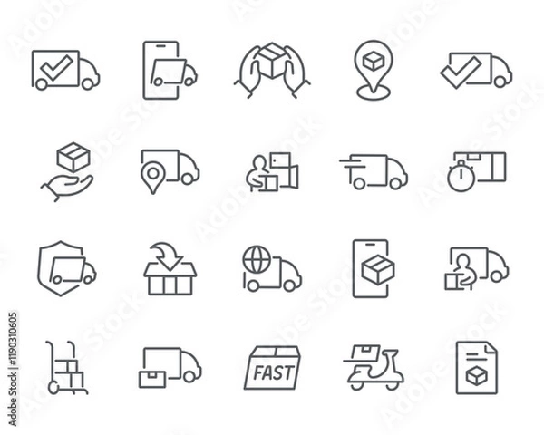 Fototapeta Fast Delivery Icons. A simple and editable vector icon set- delivery trucks, boxes, location pins, secure packages, and fast shipping symbols. Ideal for logistics and ecommerce.