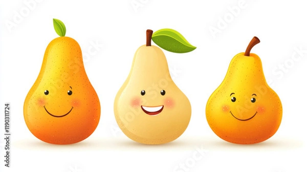 Obraz Banana, pear and orange smiling fruits in cartoon style isolated on white. Vector version also available in gallery