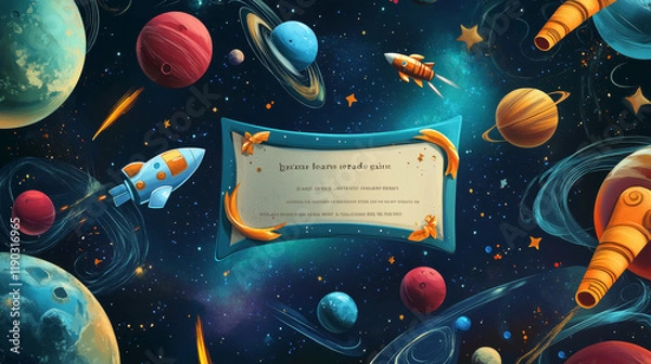 Fototapeta Cartoon kids diploma with space rockets flying between planets in galaxy, vector certificate. School award or kindergarten appreciation diploma background with spaceship in and spacecraft in universe