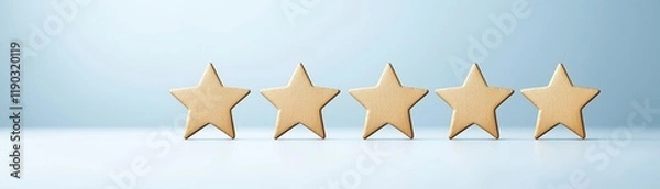Fototapeta A minimalist image featuring five wooden stars arranged in a row against a soft blue background.