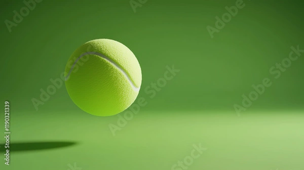 Fototapeta Tennis Ball in Flight: A vibrant yellow tennis ball hangs suspended in mid-air against a subtly shaded green backdrop, capturing the dynamic energy of the game.