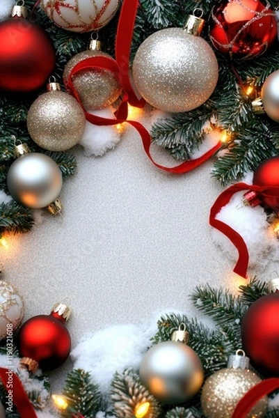 Fototapeta A festive arrangement featuring red and silver ornaments, ribbons, and greenery, creating a cheerful holiday atmosphere.