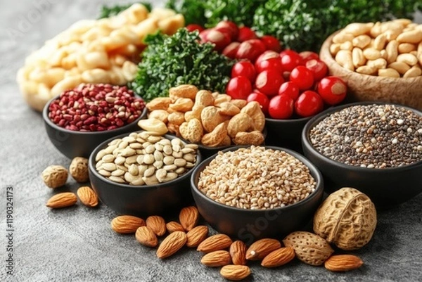 Fototapeta Selection of healthy superfoods, a mix of nuts, seeds, and fresh produce, styled beautifully on a textured gray concrete surface, highlighting vibrant colors and clean-1