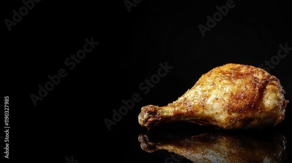 Fototapeta Golden roasted whole chicken with crispy skin against dark background creating dramatic food photography with area for copy space