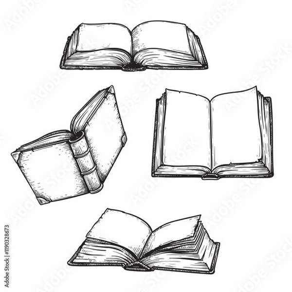 Fototapeta Vintage open books sketch set. Hand drawn library, bookstore, education, literature symbols collection. Vector illustrations.