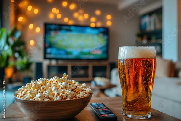 Fototapeta Watching Cricket Match at Home – Beer, Popcorn, and Remote on Table in a Modern Living Room with TV Setup