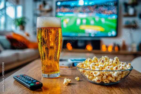 Fototapeta Watching Cricket Match at Home – Beer, Popcorn, and Remote on Table in a Modern Living Room with TV Setup