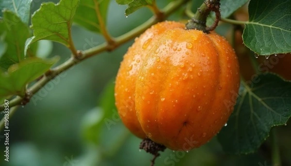 Fototapeta Ripe Orange Fruit on Branch with Water Droplets