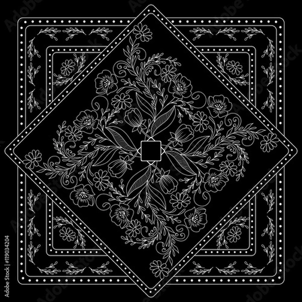 Fototapeta Black and white  bandana print with floral pattern. Square pattern design for pillow, carpet, rug. Design for silk neck scarf, kerchief, hanky
