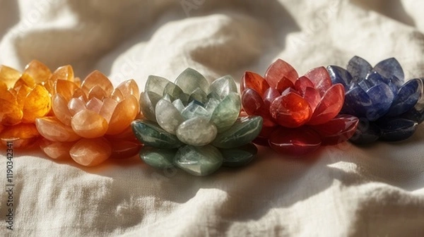 Fototapeta Layered chakra stones arranged to resemble a lotus flower, artistic flat lay style, natural light from the side creating shadows, rich jewel tones against a soft white cloth