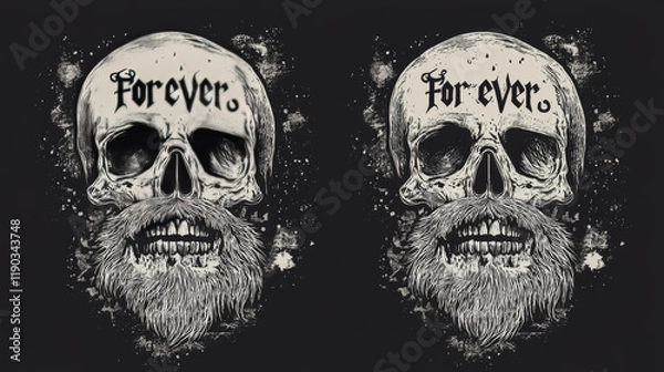Fototapeta Tshirt print with bearded skull, vector mascot for music band apparel design. T shirt print for hard rock club with typography forever and ever. Mustached cranium, emblem for heavy metal festival