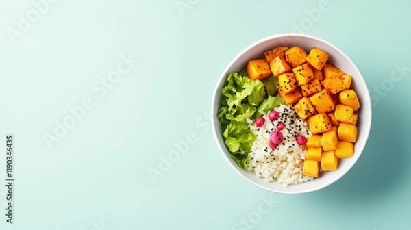 Fototapeta healthy superfoods anti-inflammatory concept. Fresh salad bowl with diced mango, lettuce, and rice on a pastel background.