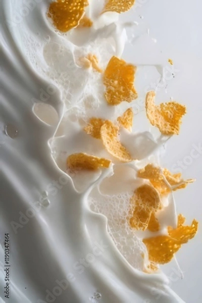 Fototapeta Cereal splashing in milk, creating a dynamic, textured wave.