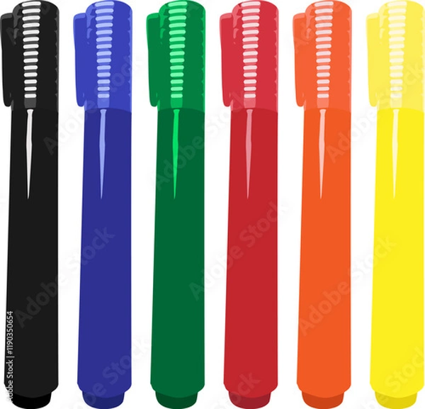 Fototapeta Set of large markers with six basic colors for drawing and coloring. Sale and advertising of markers and drawing with them. Marker for drawing courses. Set of markers with a cap for children.