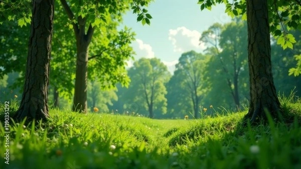 Obraz green forest on a bright summer day view from inside the forest