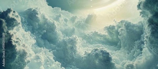 Fototapeta Dramatic cloudscape with light shining through dense cumulus clouds.