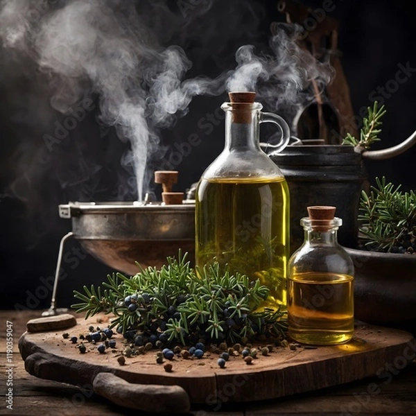 Fototapeta Pure Essence: Artistic Representation of Juniper Essential Oil Extraction and Distillation