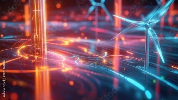Fototapeta Futuristic energy network with wind turbines and glowing lines.