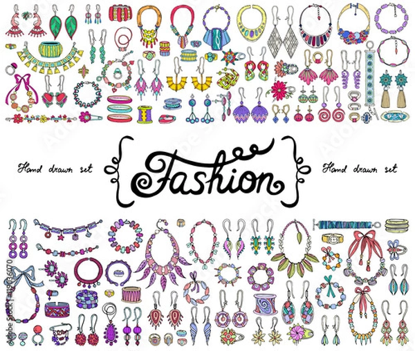 Fototapeta Vector set with hand drawn colored doodles on the  theme of fashion, accessories. Flat illustrations of jewelry. Sketches for use in design