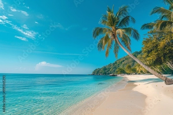 Fototapeta A serene tropical beach with crystal clear turquoise water, white sand, and palm trees, A palm tree-lined beach with crystal clear blue water and a cloudless sky