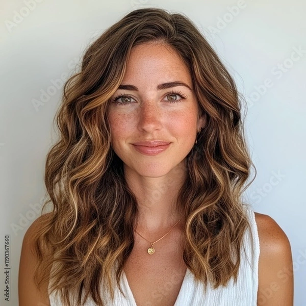 Fototapeta Portrait of a young woman with long, wavy brown hair and freckles, wearing a white top.